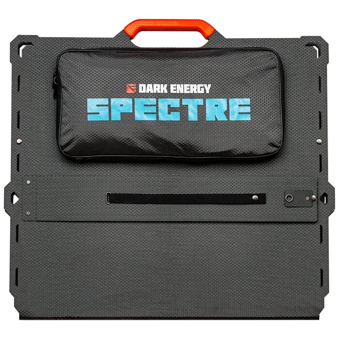 Folded Dark Energy Spectre 200W solar panel showing its compact design and durable surface for outdoor solar power use.