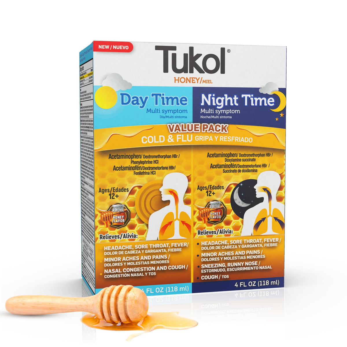 TUKOL Honey 24H Cold & Flu Relief dual formula 4oz bottle with honey and medicinal ingredients for cold relief