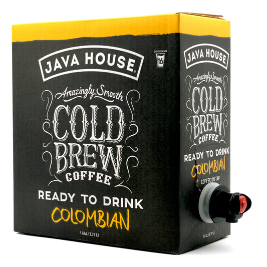 Cold brew on tap from Java House, Colombian coffee served in a clear glass with ice and a straw.