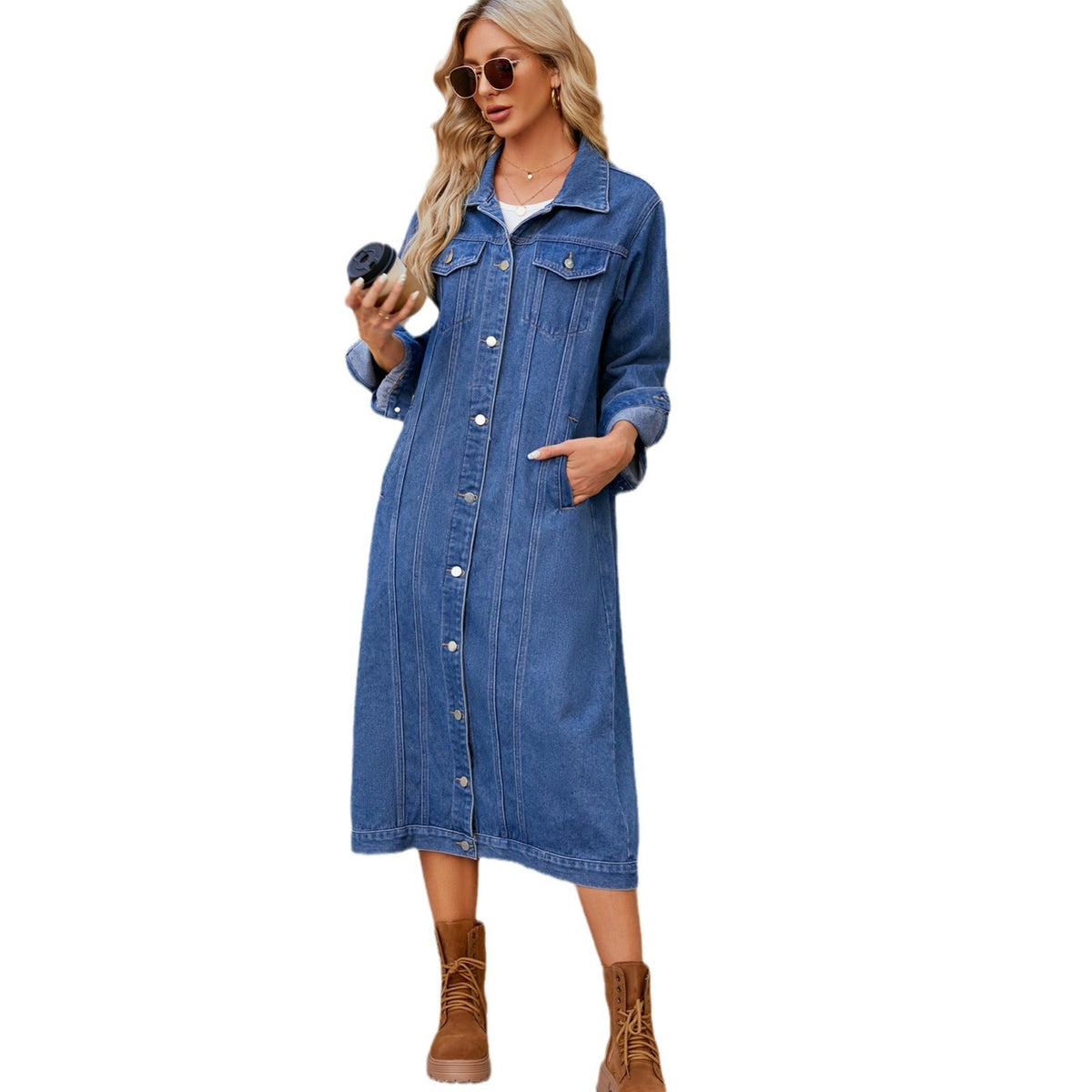 Women’s washed long denim cardigan coat and trench coat in blue with a relaxed fit