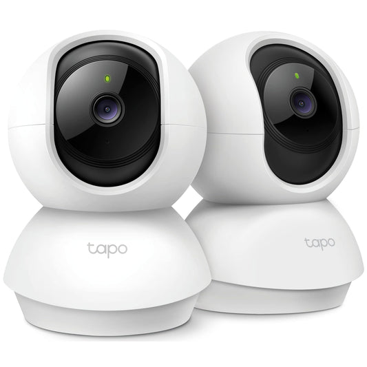 Pair of TP-Link Tapo 2K smart home cameras with Alexa support, showing sleek black design and camera lenses.