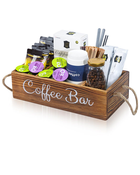 Wooden coffee station organizer with small removable dividers for countertop coffee and tea accessories, brown color.
