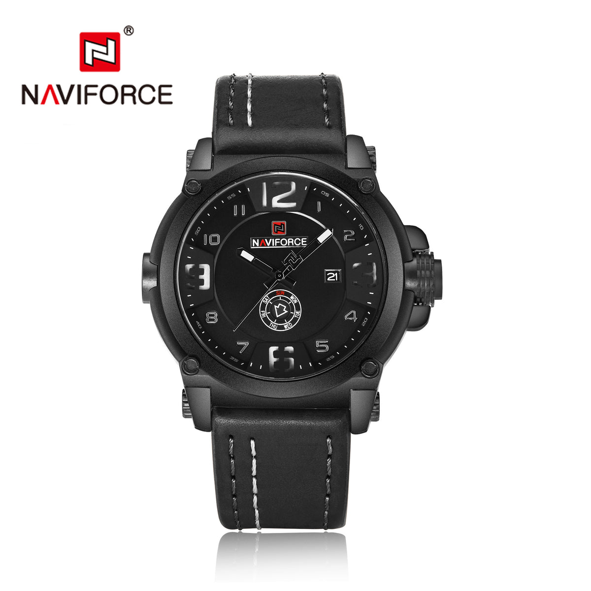 NAVIFORCE 9099 men's waterproof quartz watch with black dial, stainless steel band, and date display.
