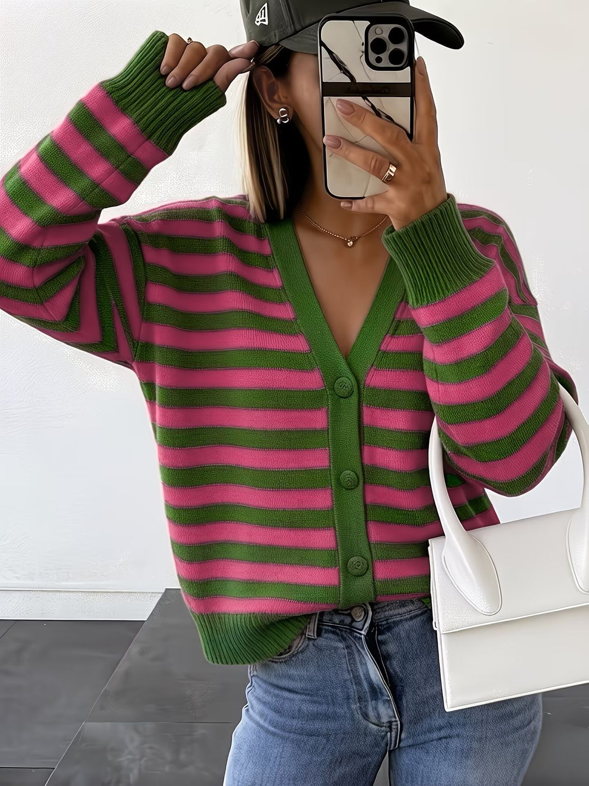 Women's contrasting-color striped knitted V-neck coat by My Store