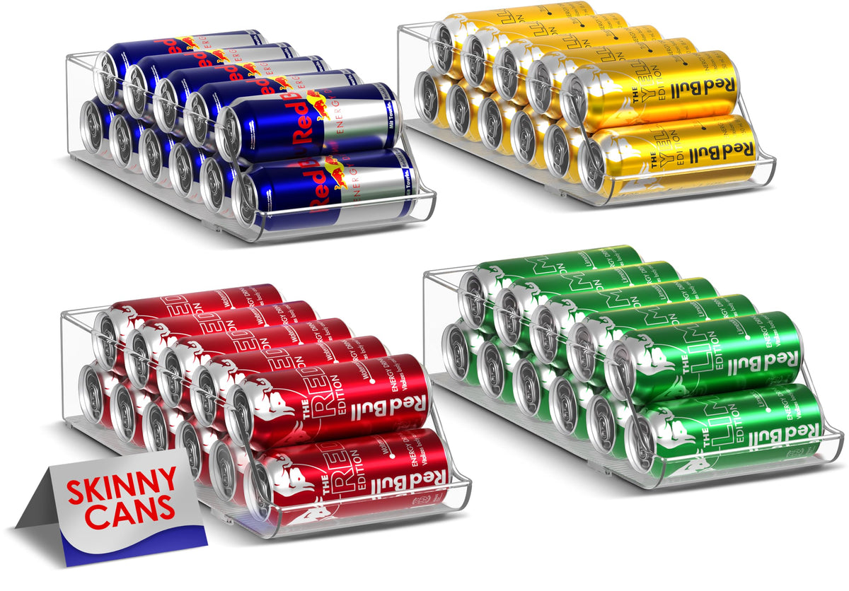 BACKUPMYFILESNOW® Sorbus Slimline Soda Can Holder, 4-pack, in refrigerator with cans organized for easy access and storage.