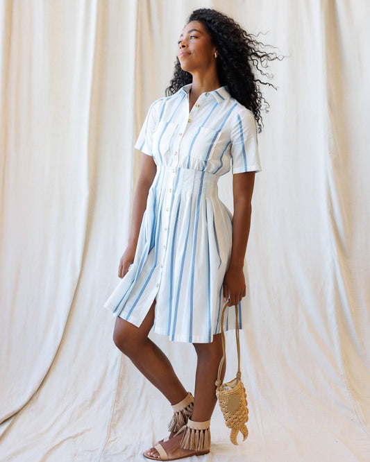 Downeast Seaside Stripe Dress with blue and white horizontal stripes, sleeveless design, and a flowy summer style.