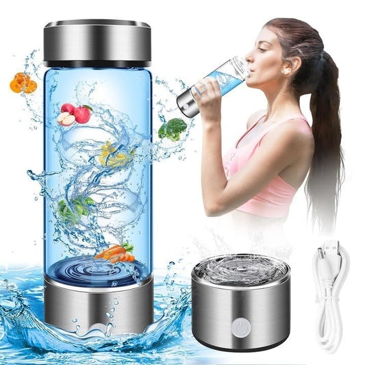 Silver hydrogen water bottle with sleek design, featuring a Hydrogen Water Generator with SPE PEM technology for quick ionized water.