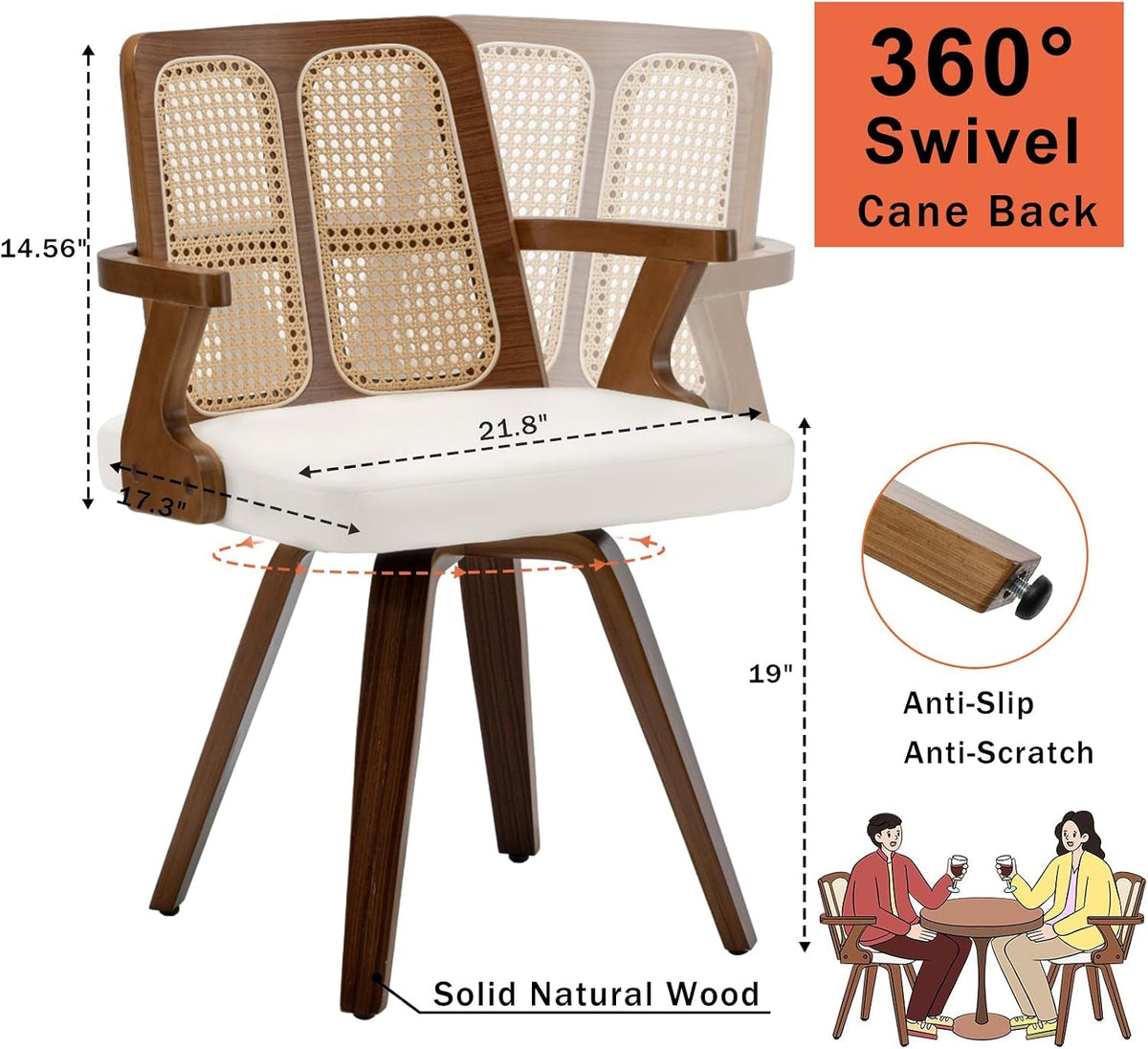 Walnut Swivel Rattan Chairs Ergonomic Curved Armrests Set Of Two