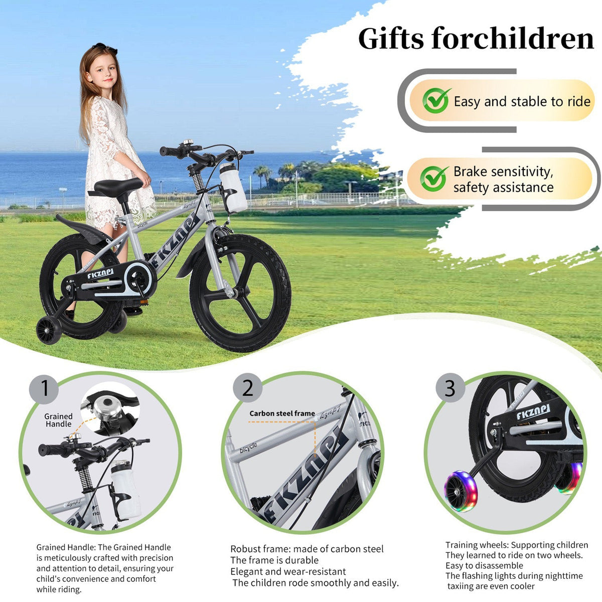 16-inch kids bike with training wheels and adjustable seat, GBruno Store, showing colorful frame and safety features for young children.