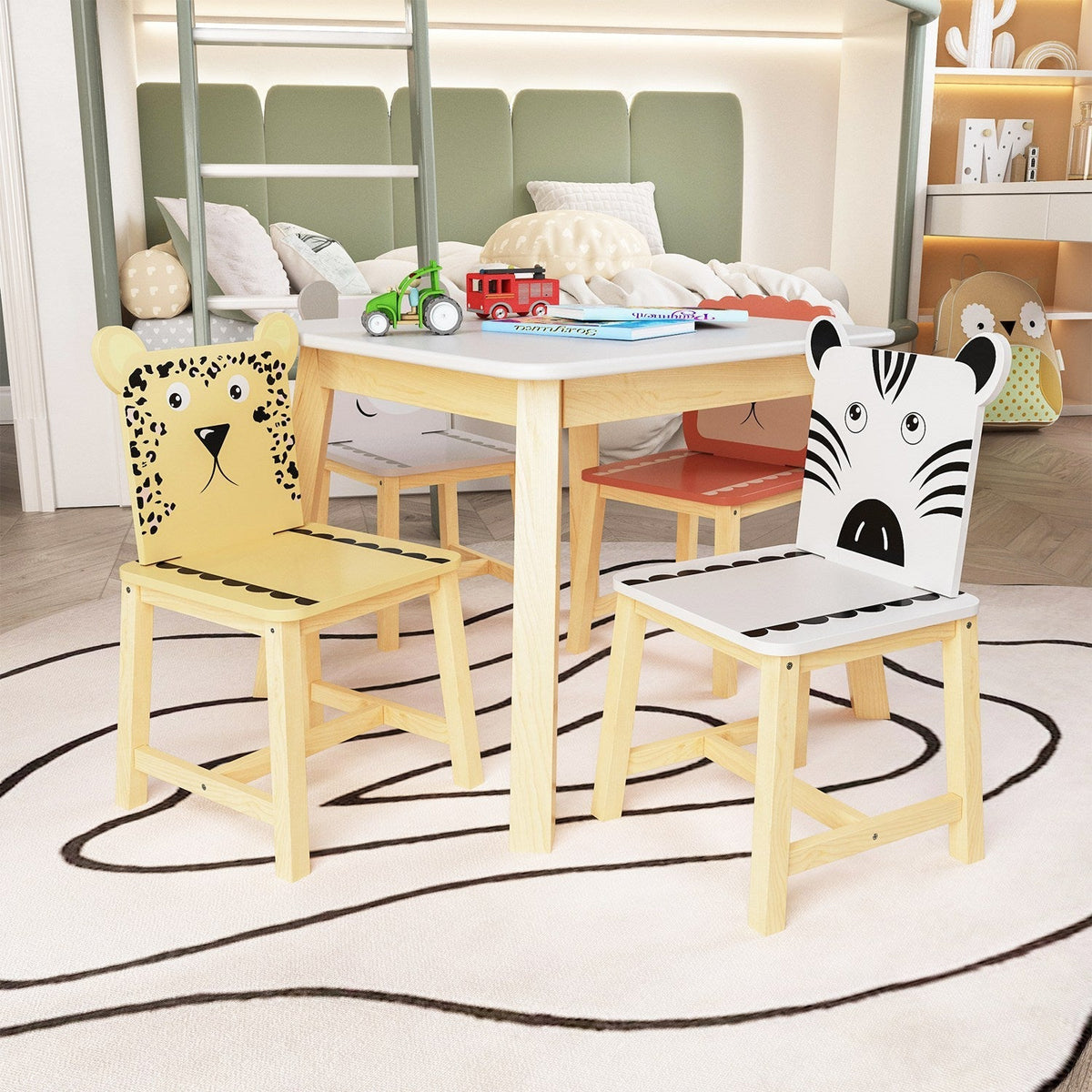 Kids furniture set with 5-piece table and chairs featuring colorful animal designs, suitable for children’s playroom or bedroom.