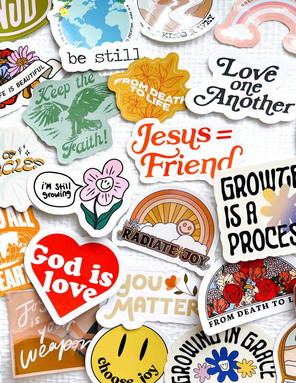 Set of 10 random Christian stickers from Elevated Faith featuring faith-inspired designs and vibrant artwork.