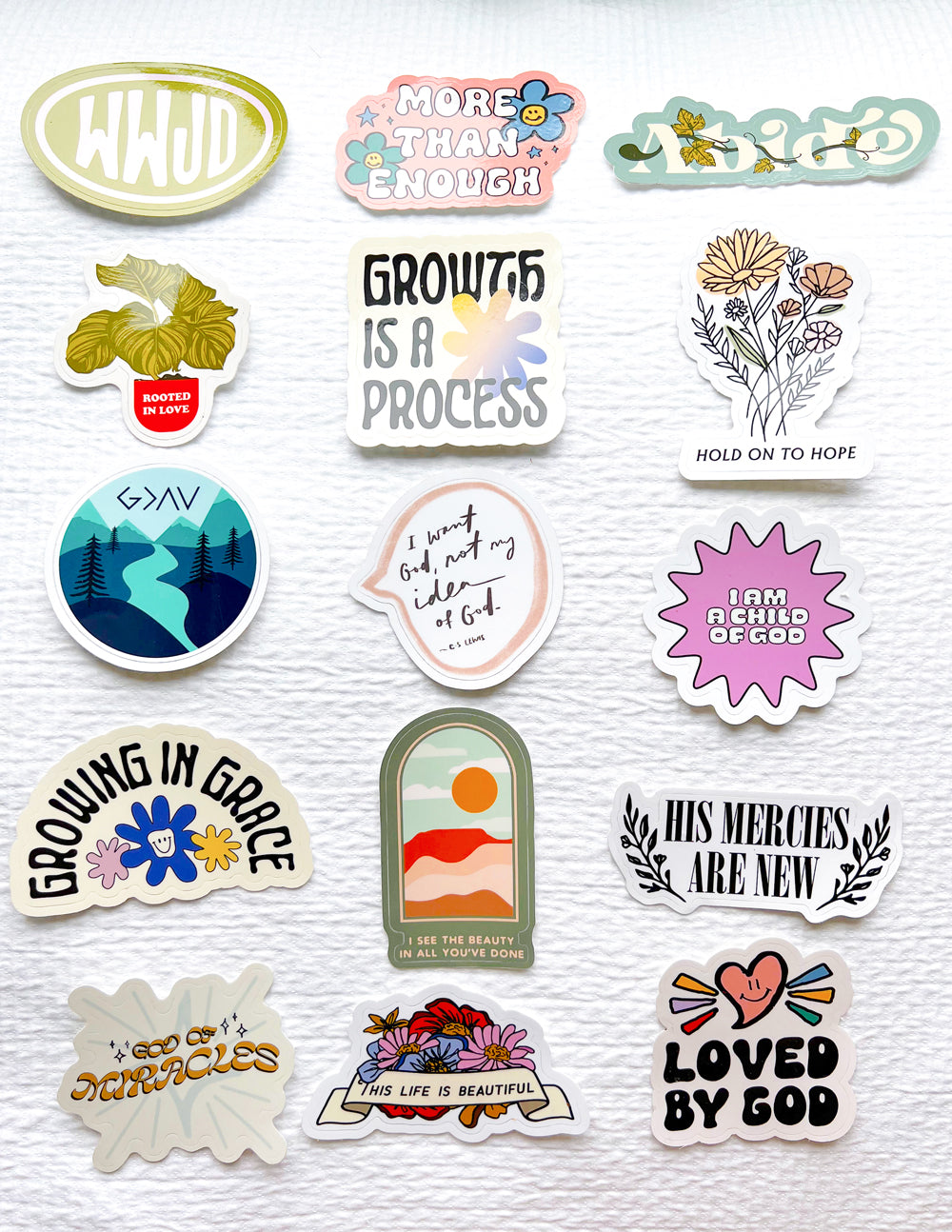 Set of 10 random Christian stickers from Elevated Faith featuring inspirational and faith-based designs on colorful backgrounds.