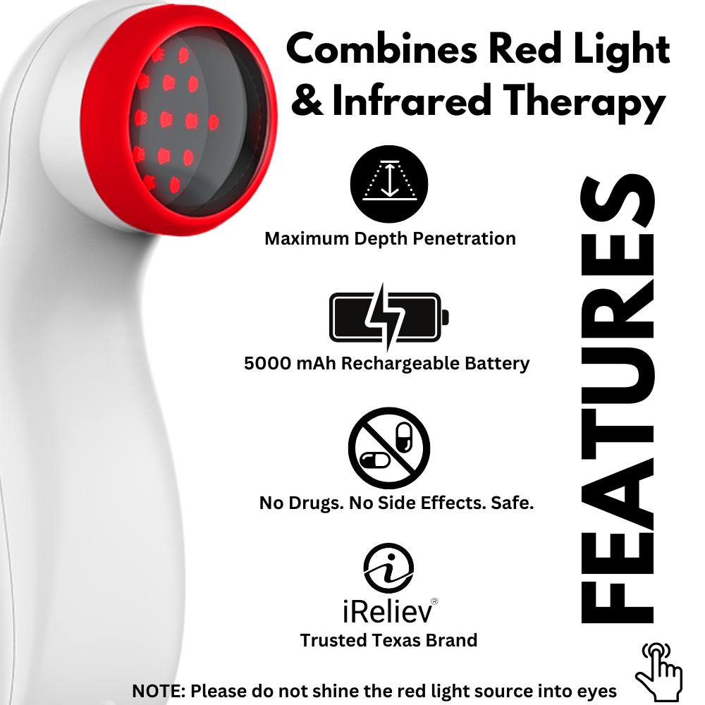 iReliev PainIQ+ laser therapy device with red light and infrared laser for pain relief, shown in a close-up image.