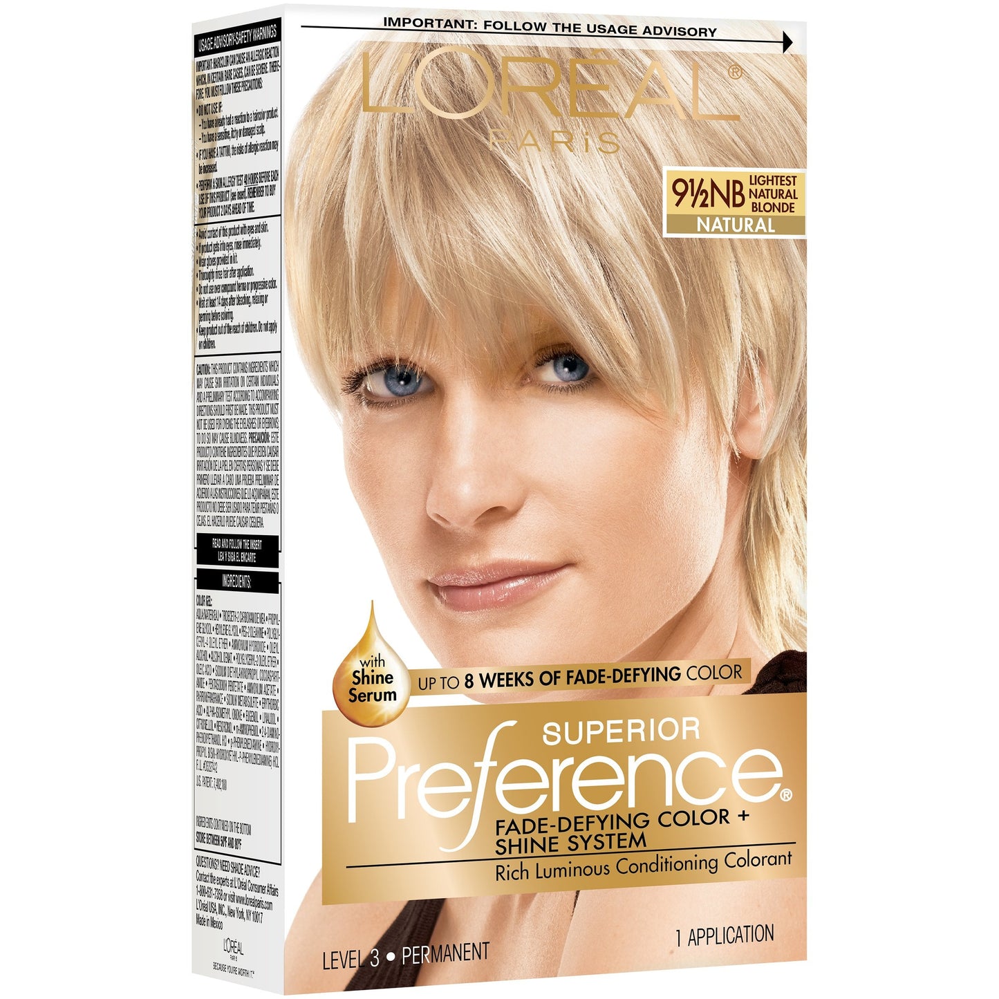 L'Oreal Paris Fade-Defying Shine Permanent Hair Color, 9.5NB Lightest Natural Blonde, 1 Kit