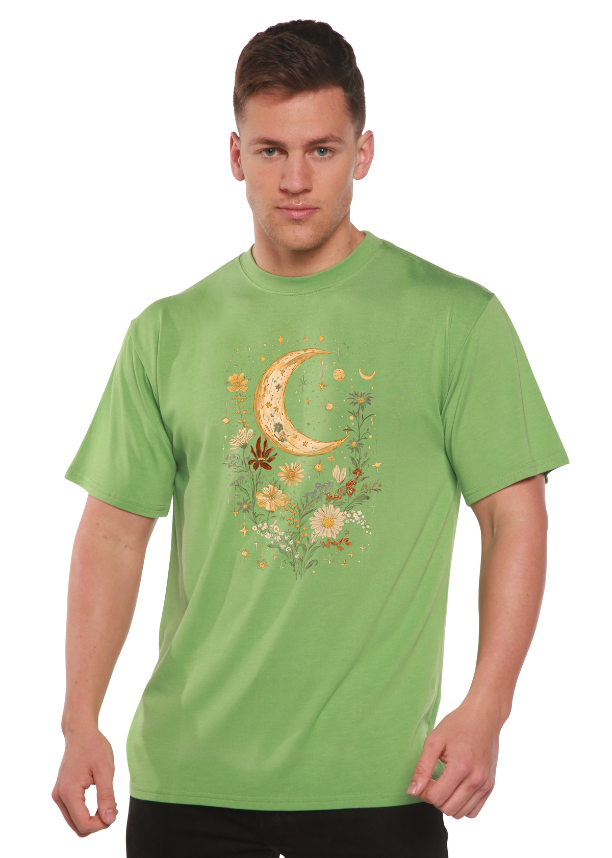 Spun Bamboo men's printed T-shirt featuring celestial moon, boho flowers, vintage design, made of bamboo and cotton fabric.