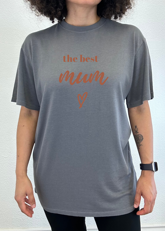 Mens Spun Bamboo unisex graphic T-shirt with short sleeves, featuring "The Best Mum" design in bamboo viscose and organic cotton fabric.