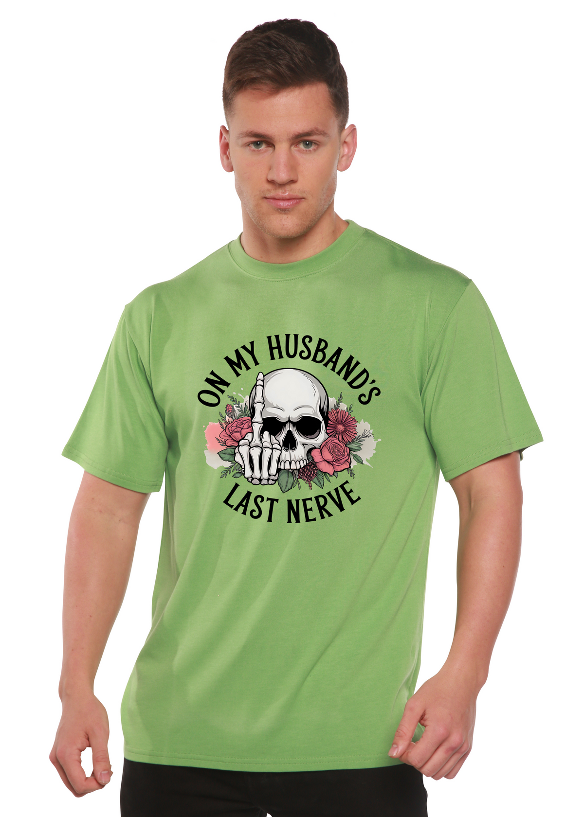 Spun Bamboo men's sublimation T-shirt featuring humorous "On My Husband's Last Nerve" graphic in bamboo and cotton fabric.