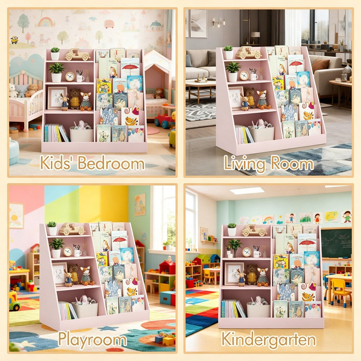 Multi-tier kids bookshelf with toy storage organizer by GBruno Store, featuring open shelves and colorful bins for kids' books and toys.