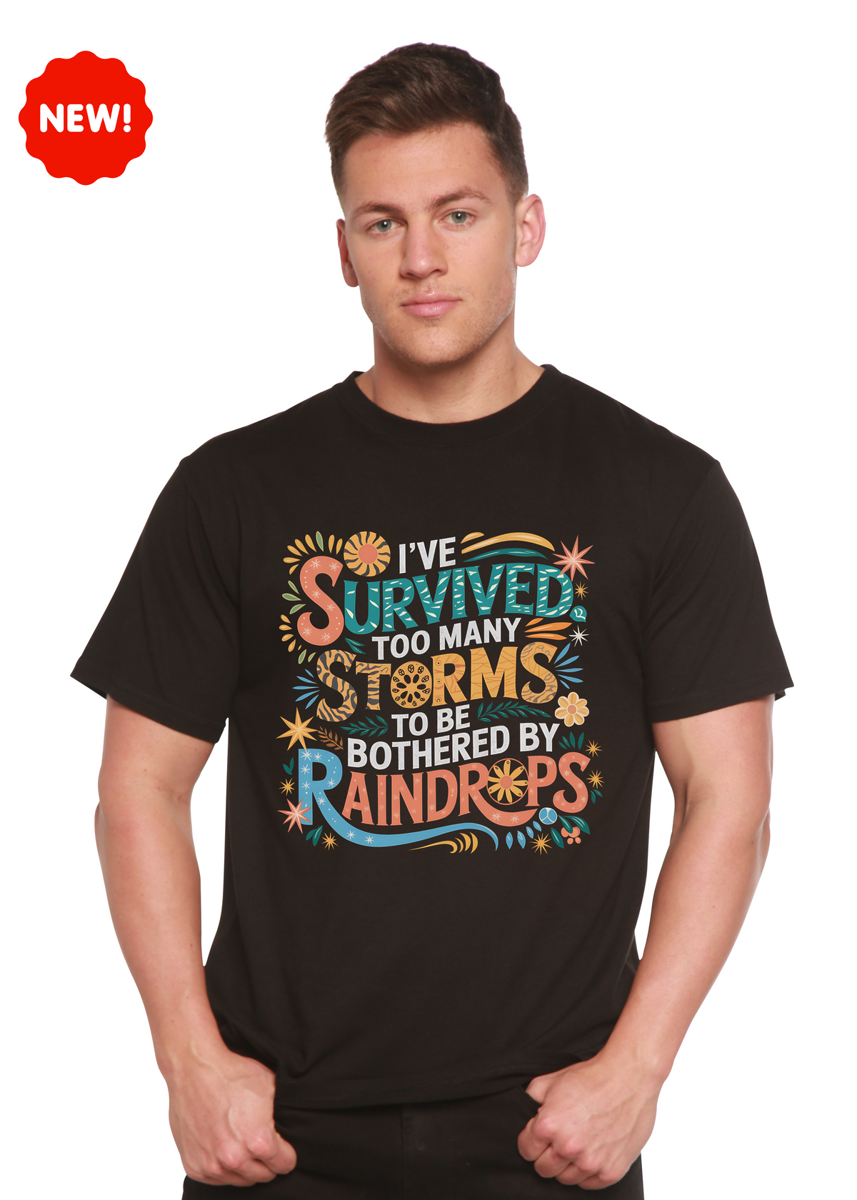Unisex bamboo cotton graphic T-shirt with "I've Survived Too Many Storms" print, mens size, by Spun Bamboo.