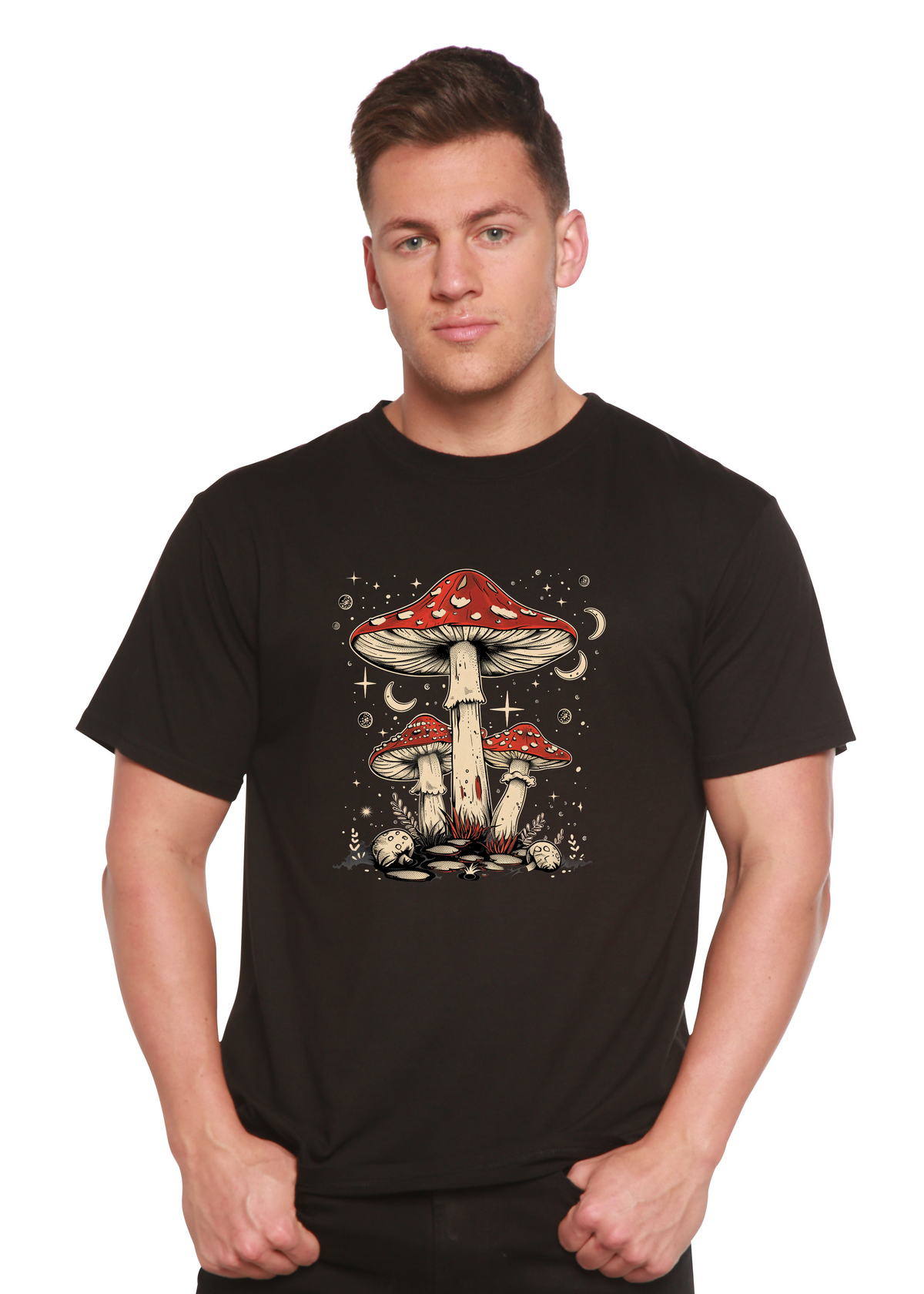 Men's printed T-shirt by Spun Bamboo featuring boho retro hippie mushroom graphic on natural bamboo and cotton fabric.
