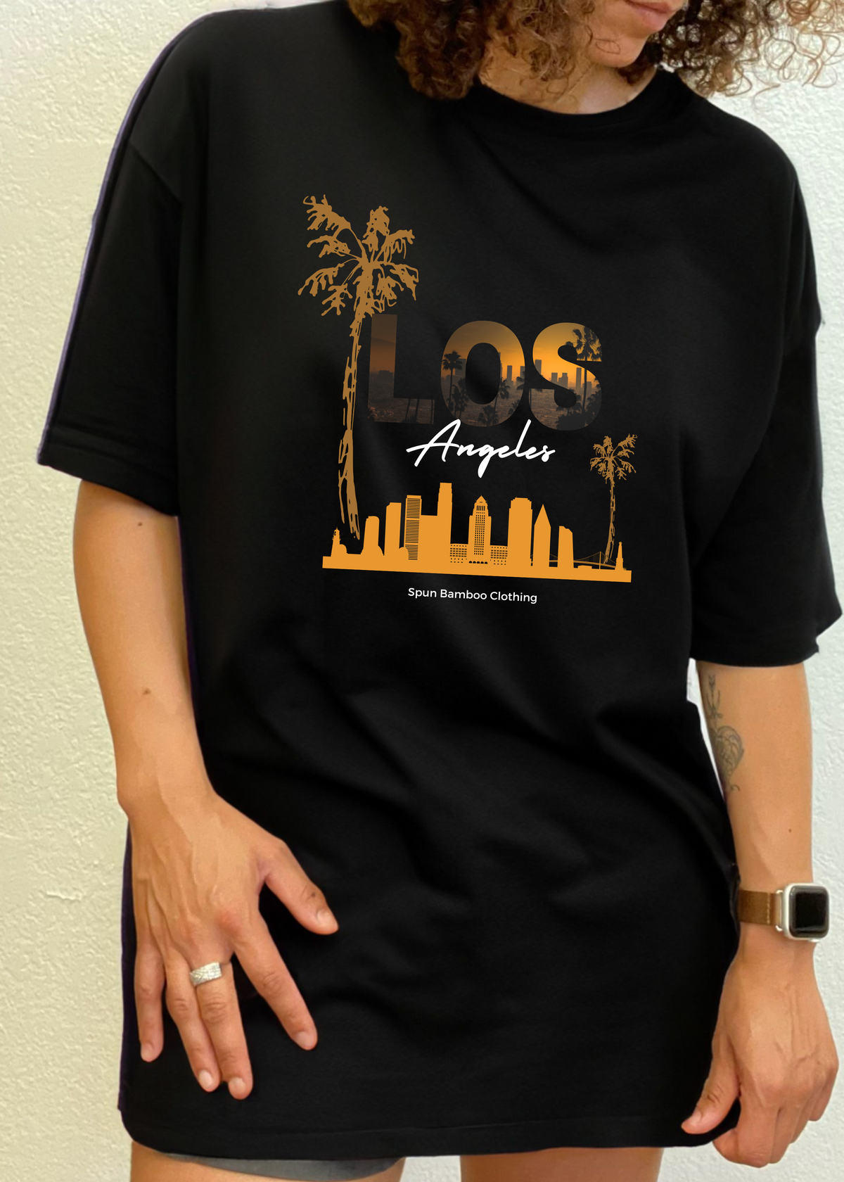 Mens printed graphic T-shirt by Spun Bamboo featuring Los Angeles design in bamboo viscose and organic cotton fabric.