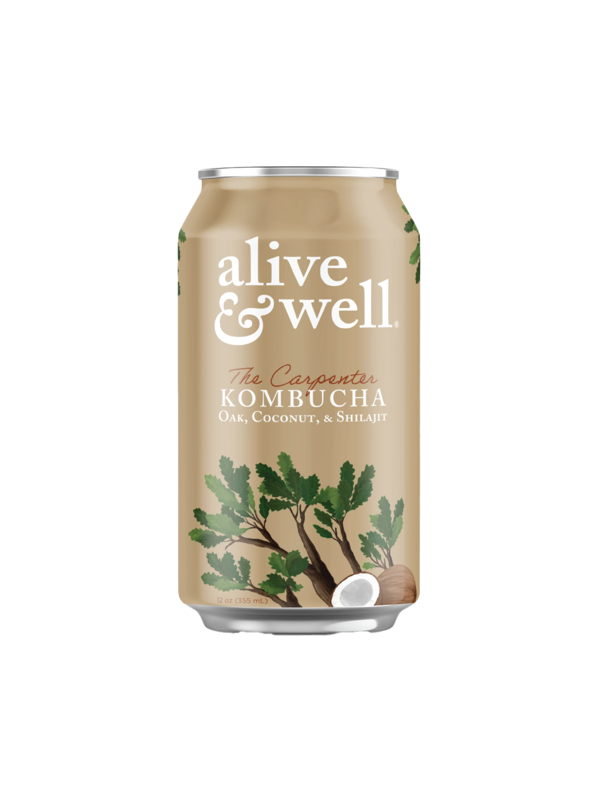 Organic Oak & Coconut Kombucha by Alive & Well, 6-pack, showing bottles with labels and a fresh, natural setting