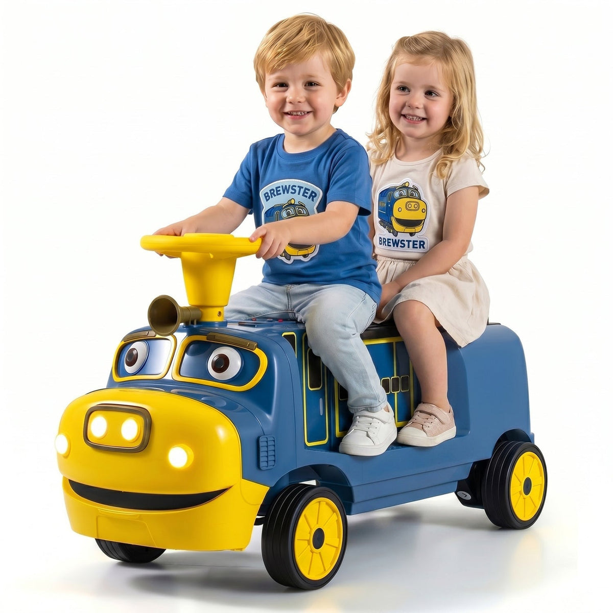 Two-seater 12V kids ride-on train by GBruno Store with adjustable seat and built-in music, suitable for young children.