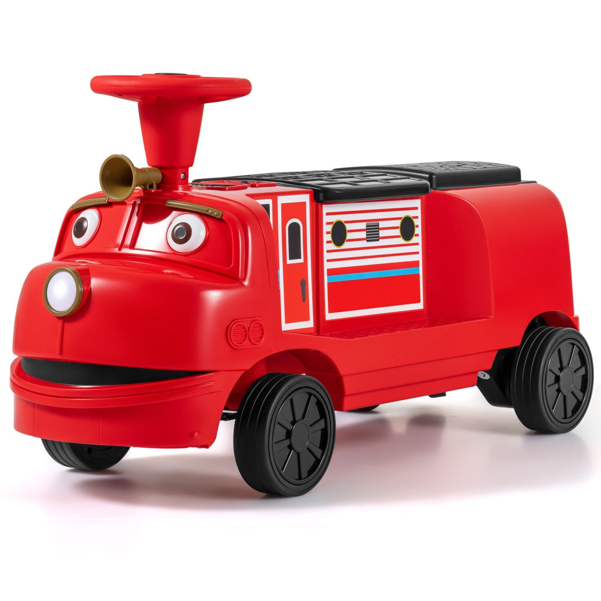 Two-seater 12V kids ride-on train with adjustable seat and built-in music, designed for children’s outdoor play.