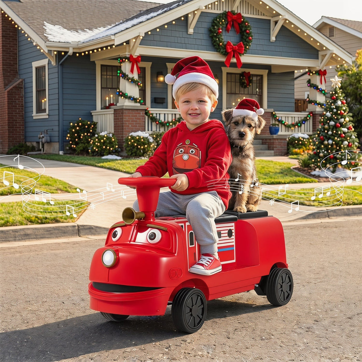 12V kids ride-on train with two seats, adjustable seat, and built-in music, designed for children’s outdoor play.