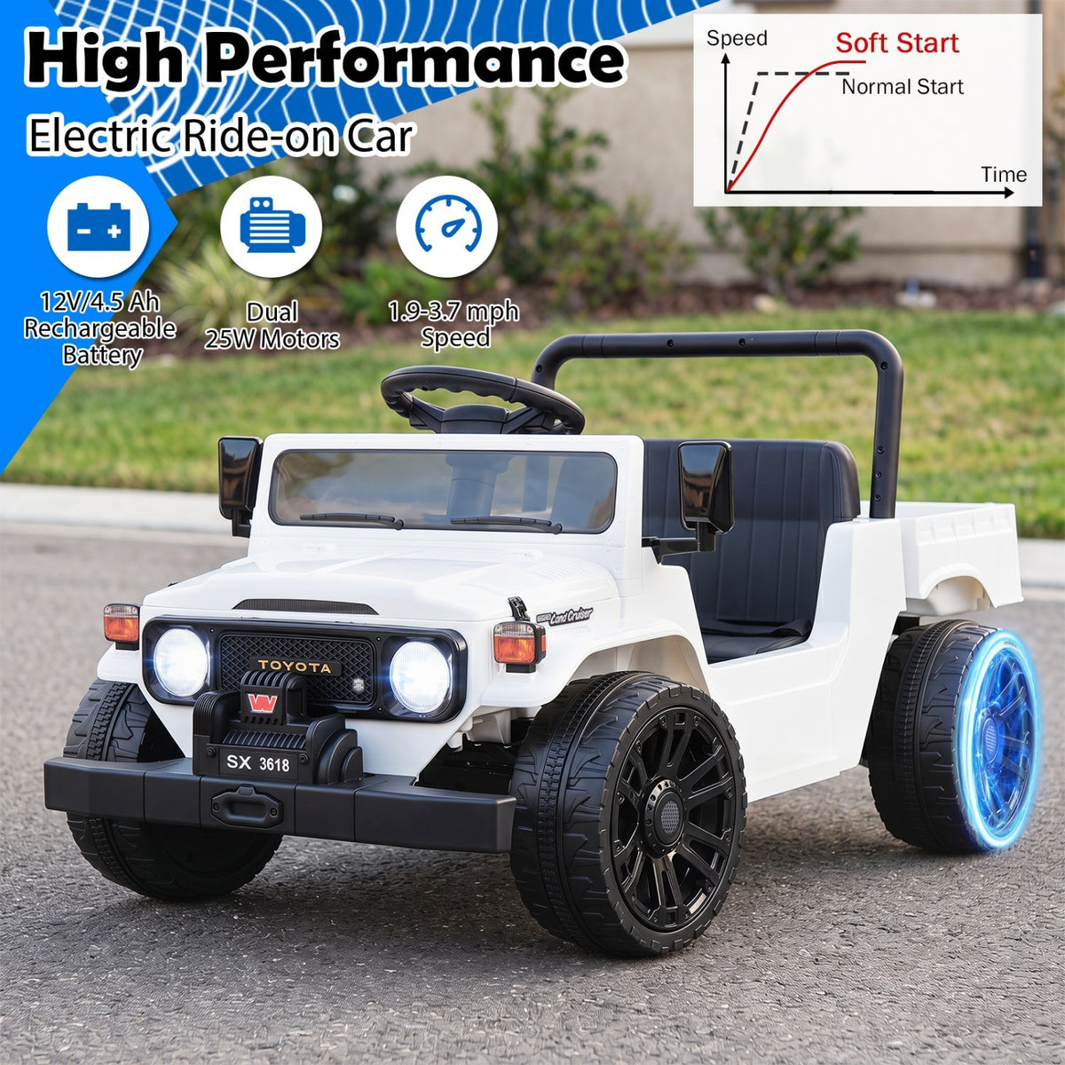 12V electric ride-on truck with dump bed and remote control, designed for kids, featuring a sturdy build and realistic styling.