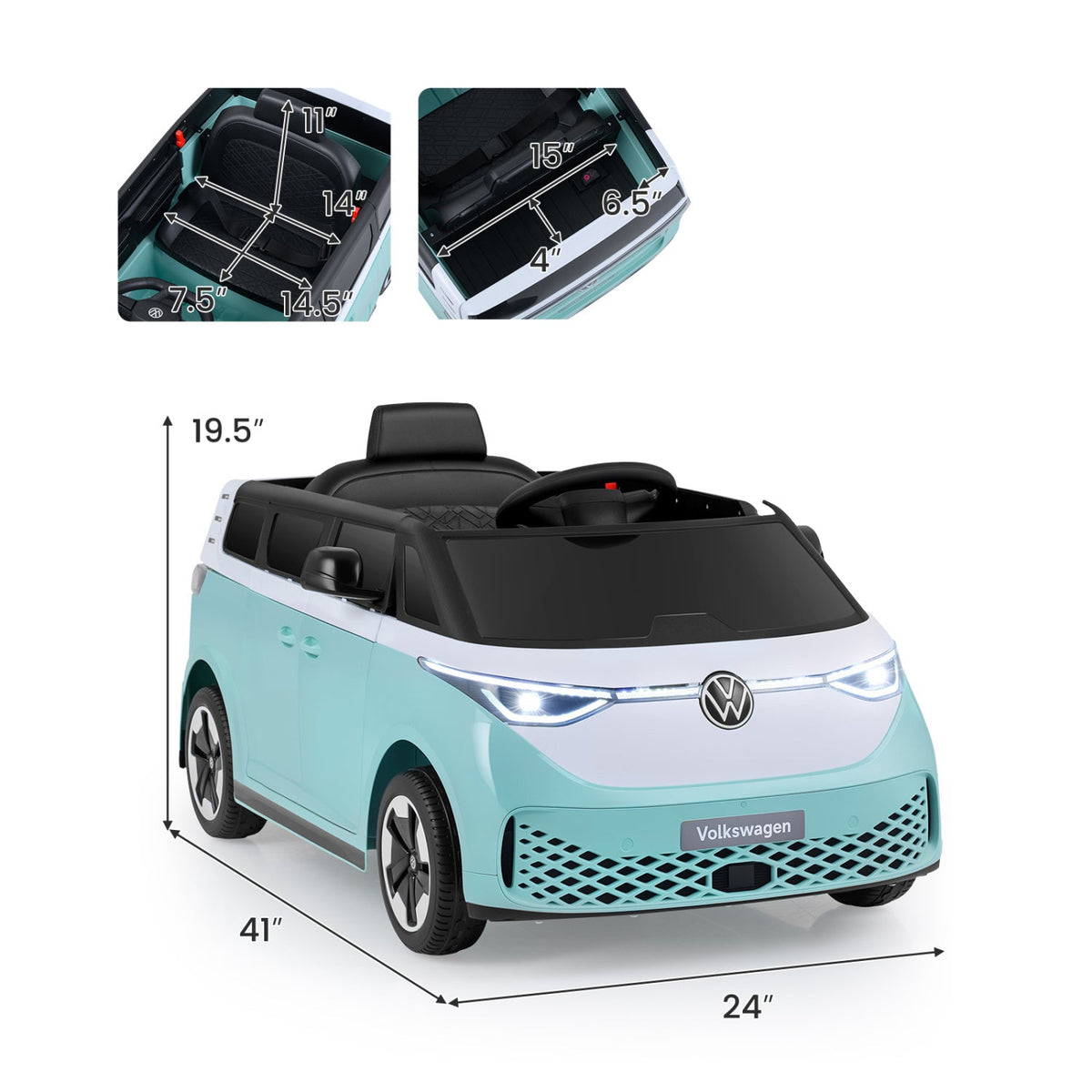 12V Electric Ride-On VW Bus toy for kids with remote control and built-in music, featuring realistic design and colorful details.