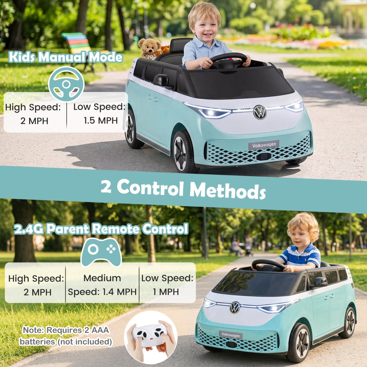 12V electric ride-on VW bus toy for kids with remote control and built-in music, designed for outdoor play and fun.