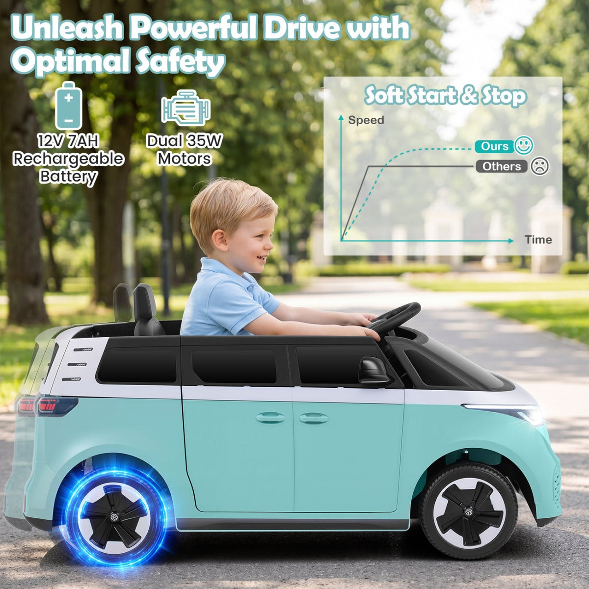 12V electric ride-on VW bus toy for kids with remote control and built-in music by GBruno Store, featuring realistic design.