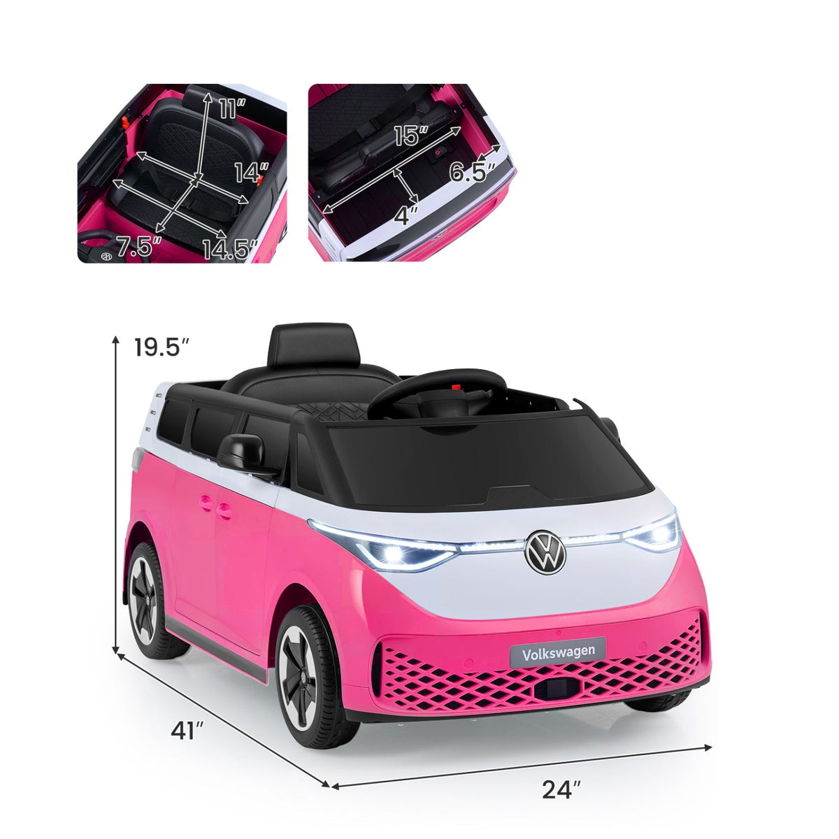 12V electric ride-on VW bus toy for kids with remote control and music features, designed by GBruno Store.