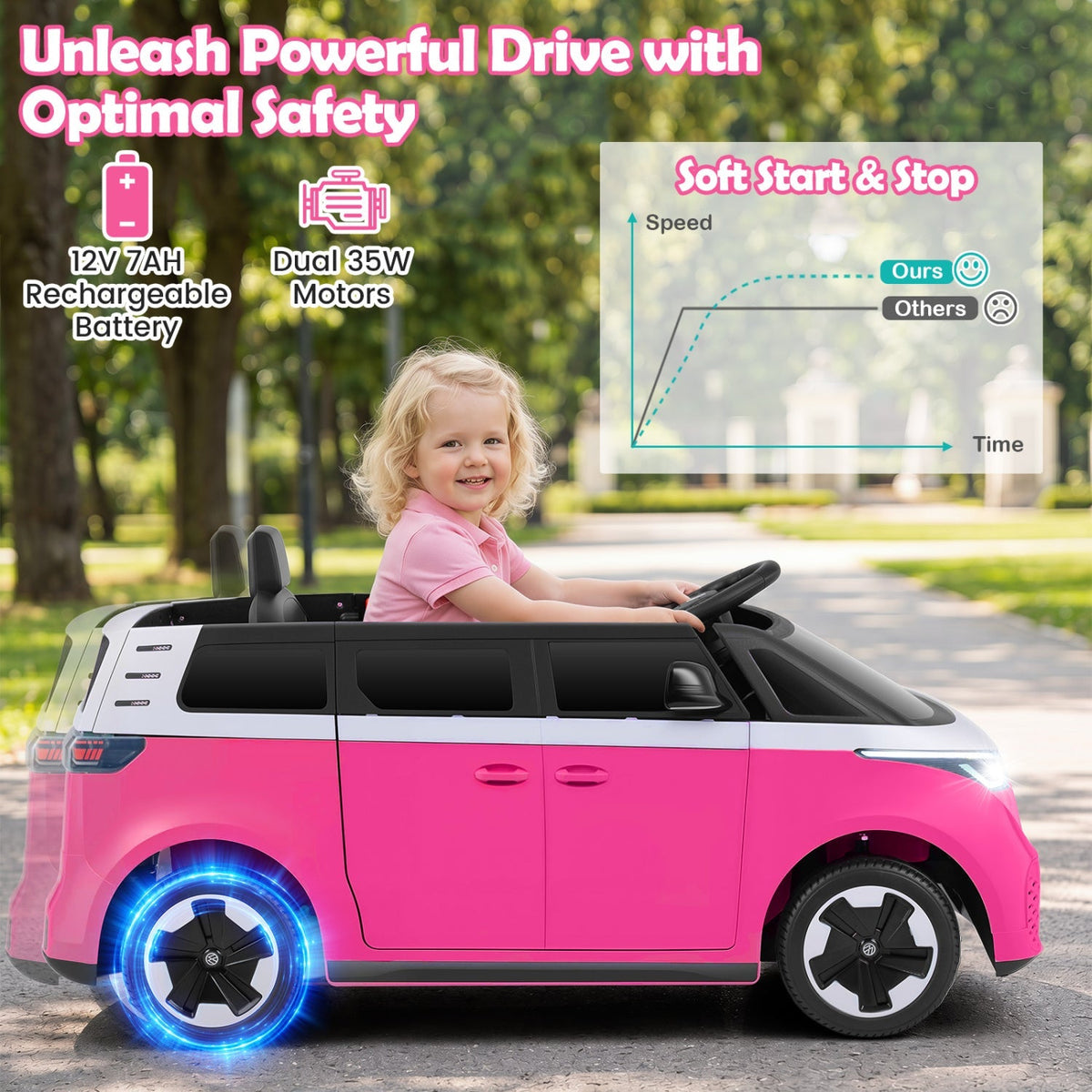 12V electric ride-on VW bus toy for kids with remote control and music, featuring realistic design and colorful details.