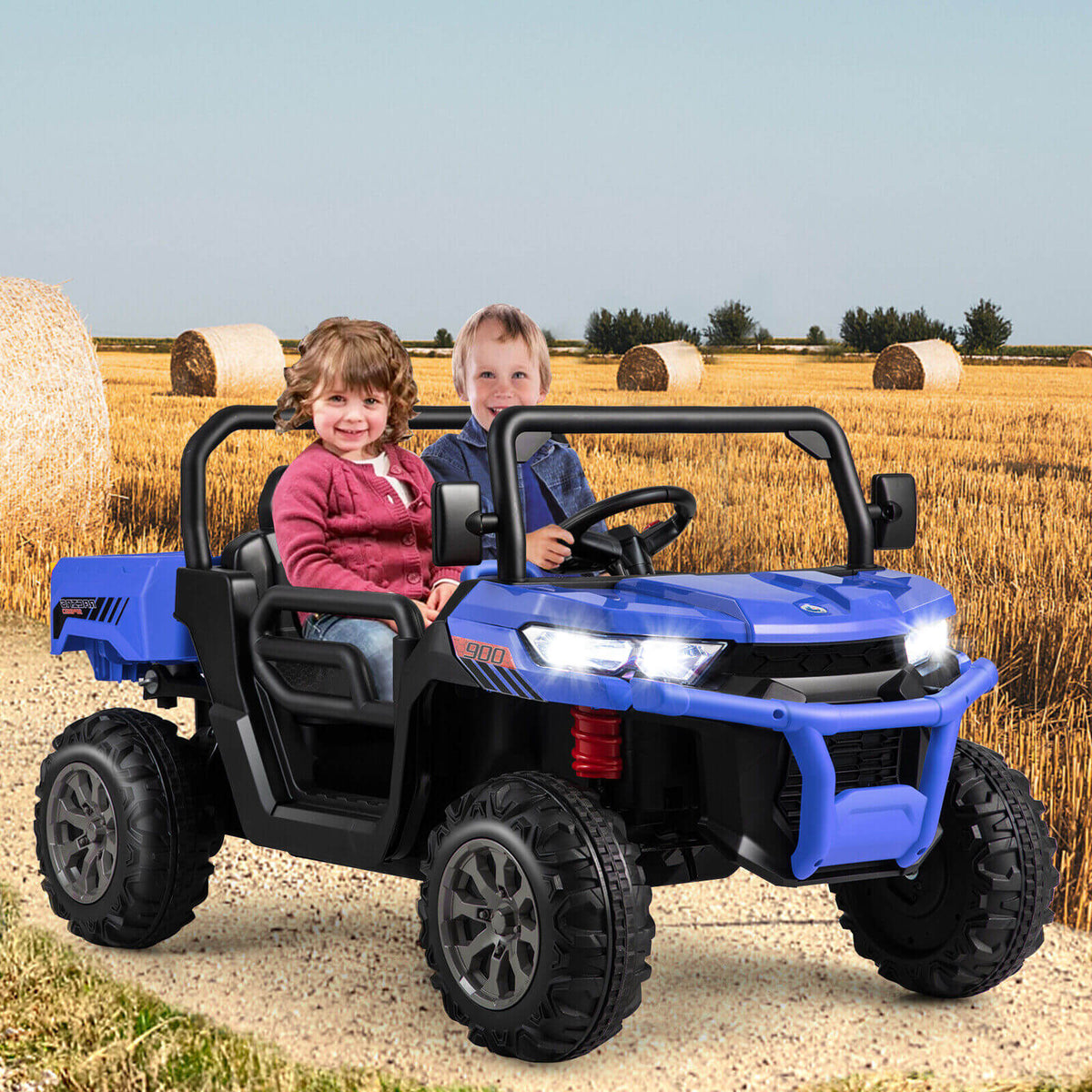 Two-seat 12V kids ride on truck from GBruno Store with battery-powered electric vehicle design, featuring realistic truck details.