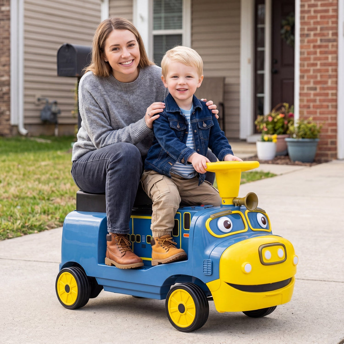 12V kids ride-on train by GBruno Store with three seats and a detachable carriage, perfect for outdoor play and fun adventures.