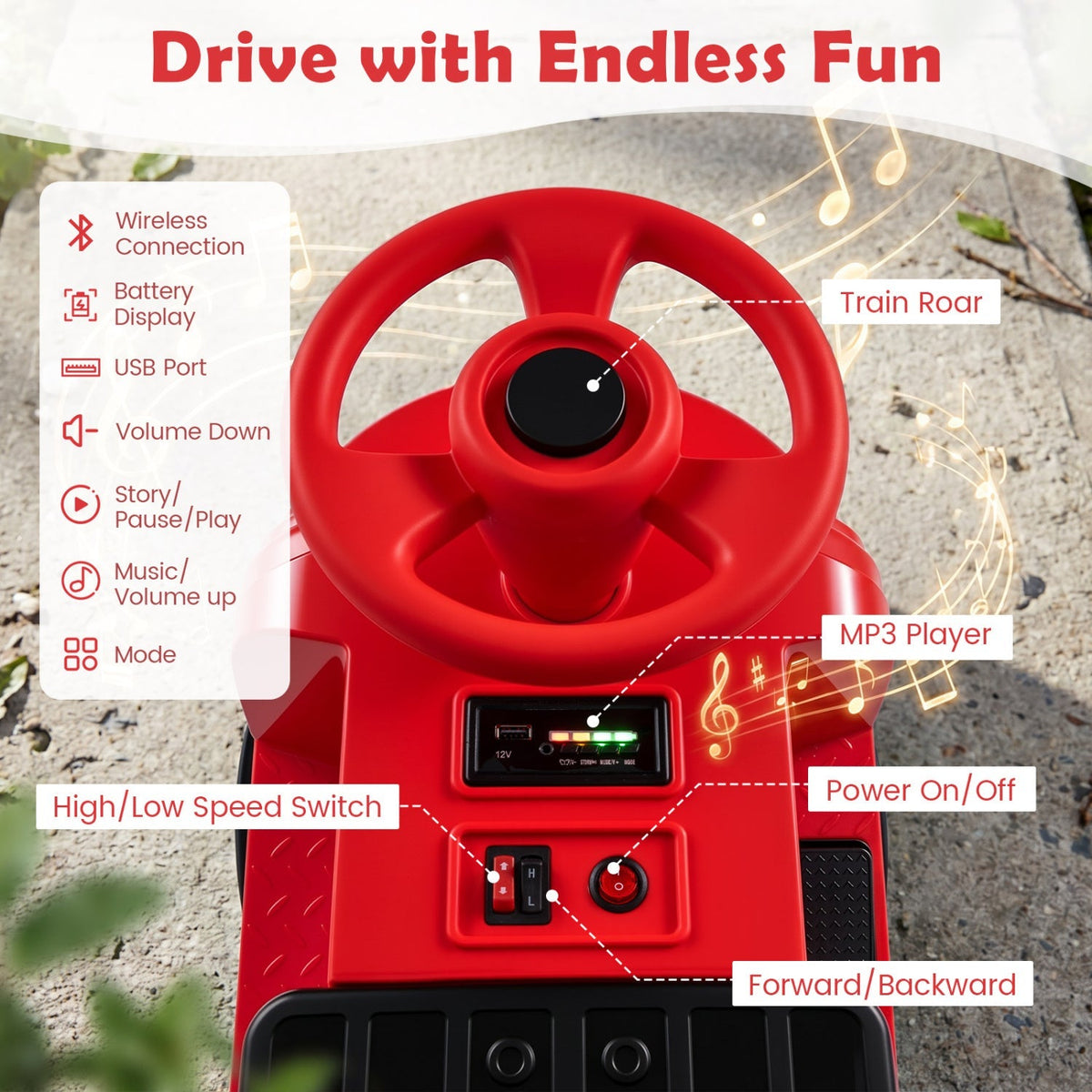 12V kids ride-on train with 3-seater and detachable carriage, toy vehicle designed for children, branded GBruno Store.