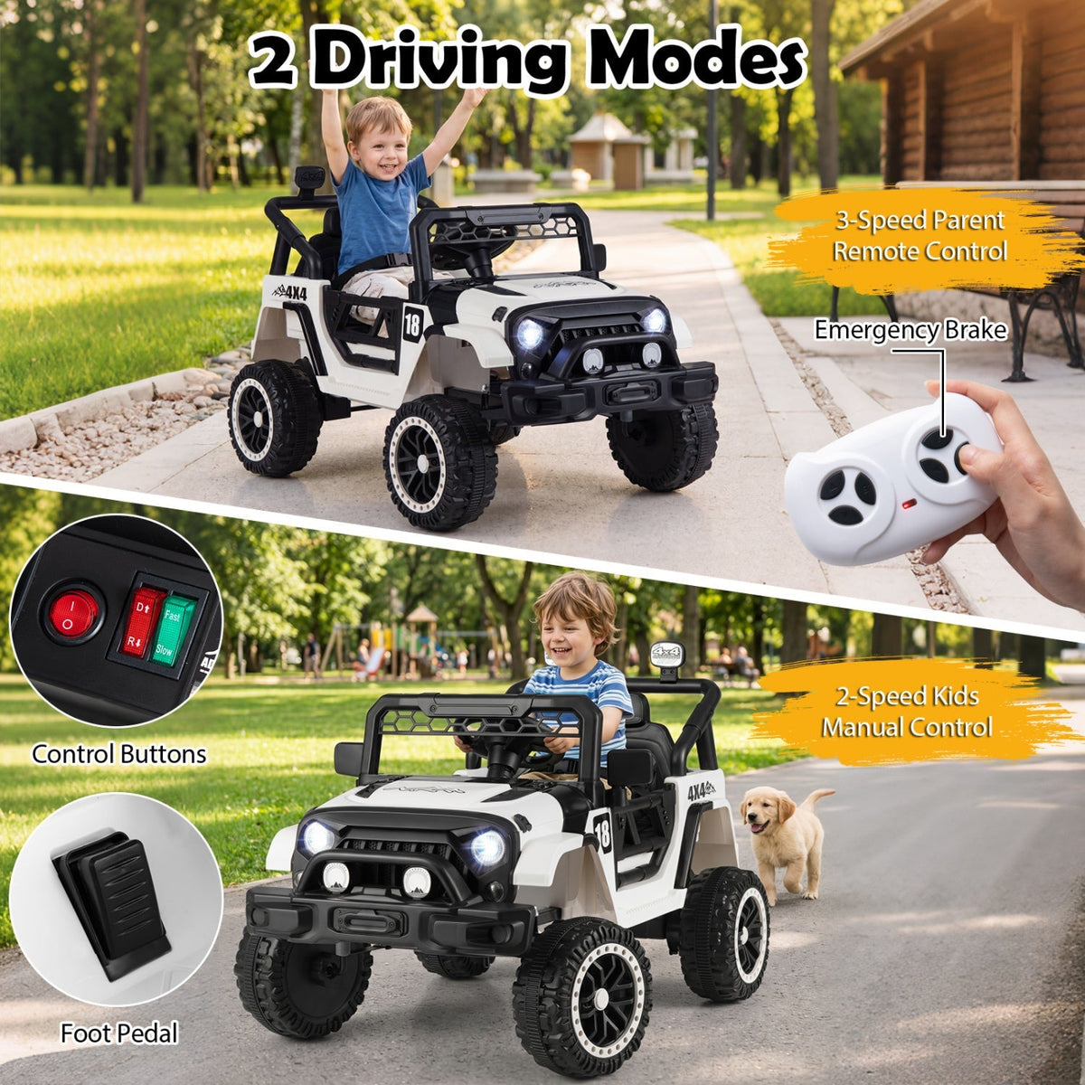 Kids ride-on truck by GBruno Store with 12V battery, remote control, and three-speed options, suitable for children to play outdoors.