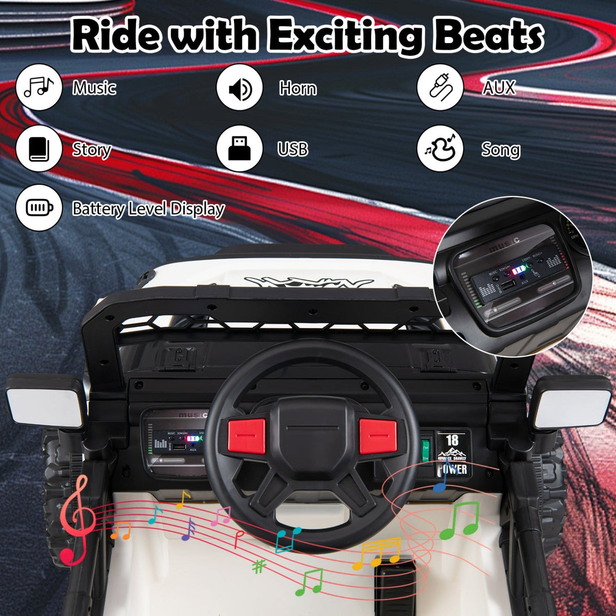12V kids ride-on truck with remote control and 3 speeds, featuring a realistic design for young children to drive and enjoy.
