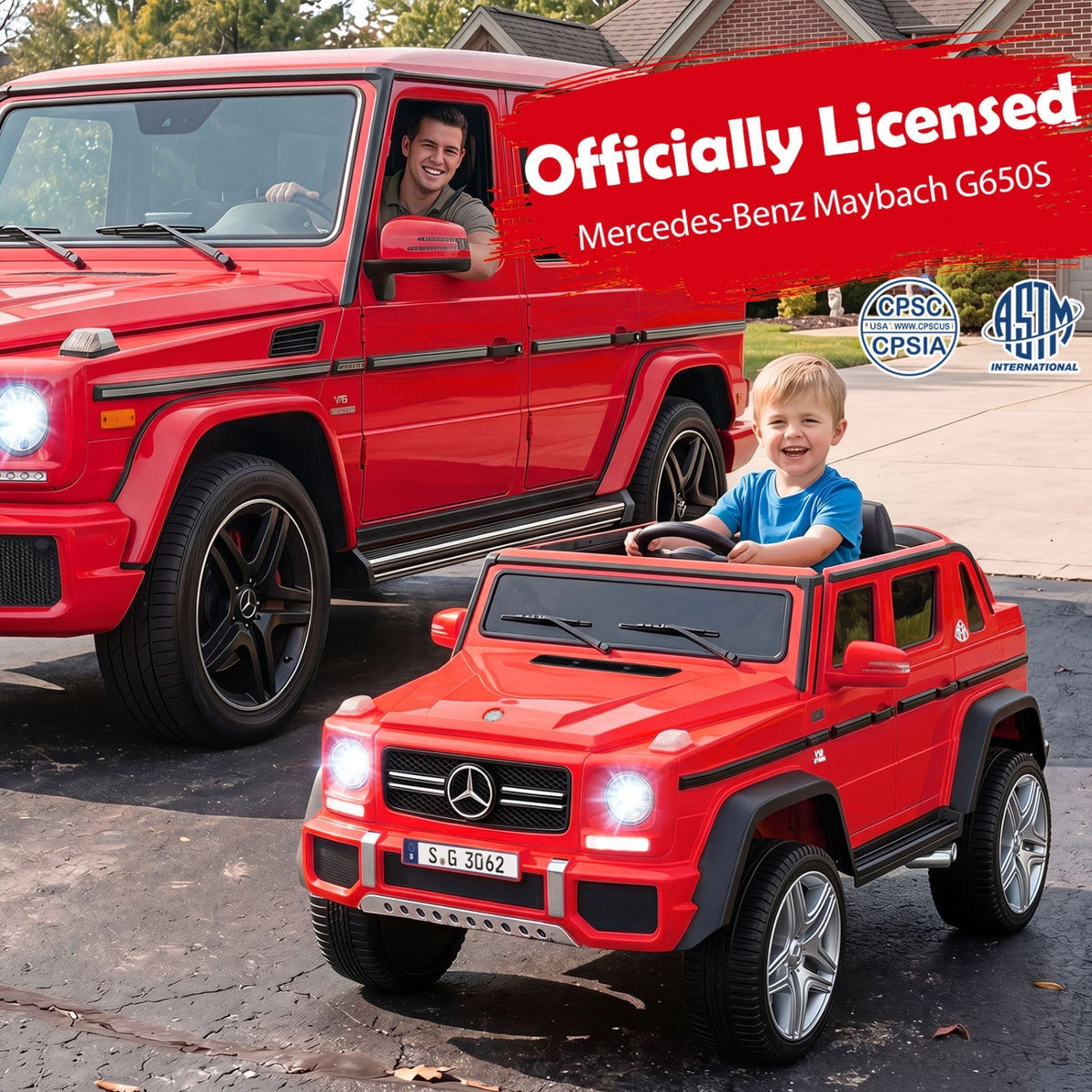 12V Mercedes-Benz kids ride-on car with remote control, featuring realistic design and detailed Mercedes logo for children’s outdoor play.