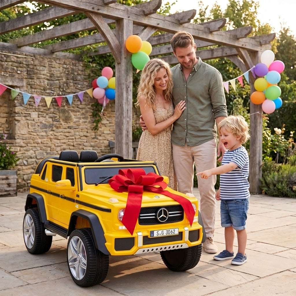 12V Mercedes-Benz kids ride-on toy car with remote control, featuring realistic design and detailed exterior in vibrant color.