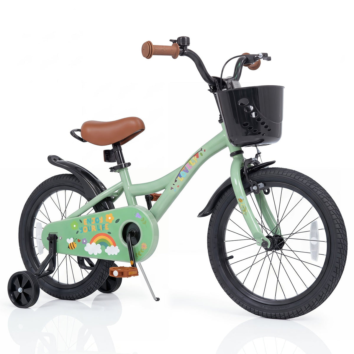 Girls 12-inch green kids bike with training wheels and front basket, made by GBruno Store, suitable for young children.