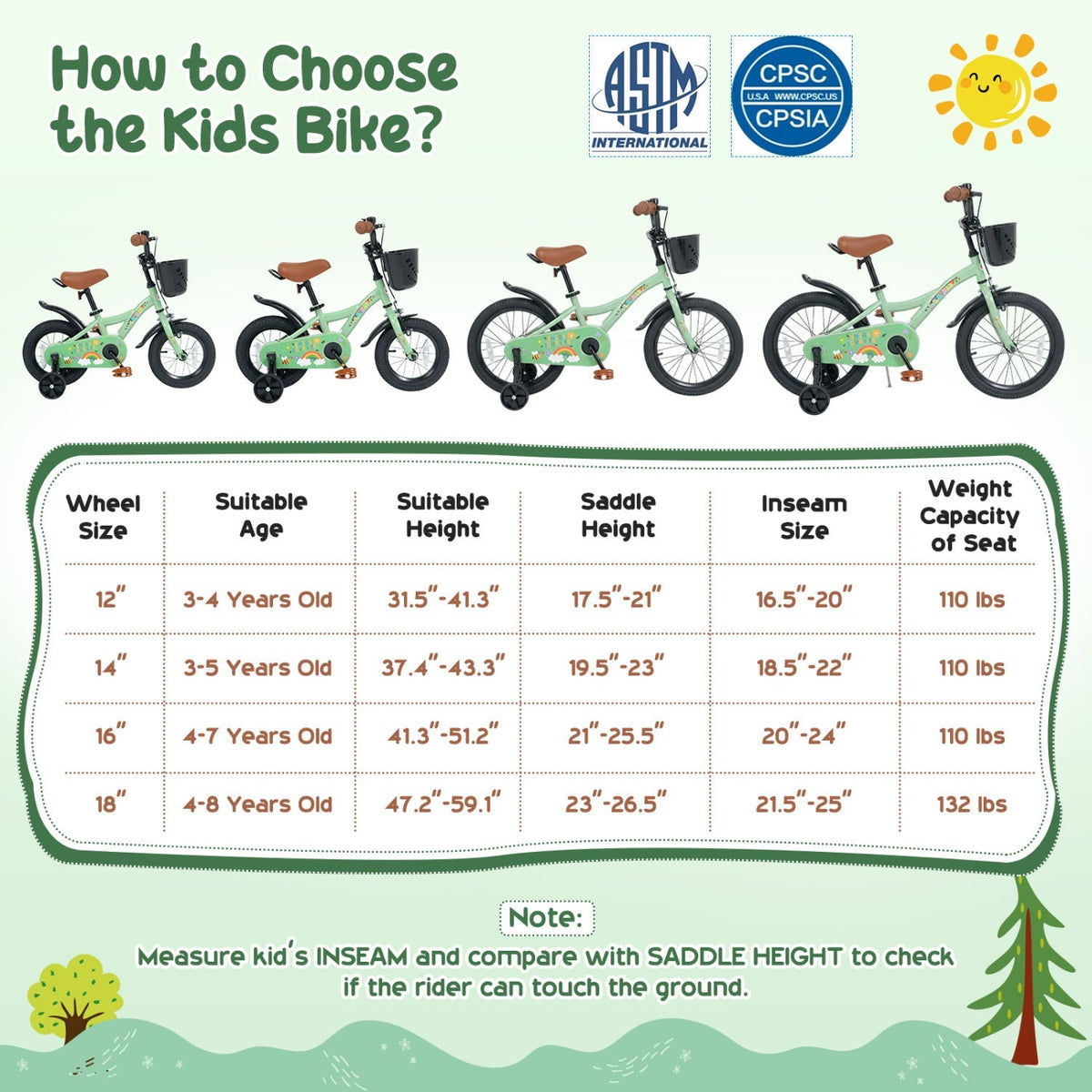 Green girls' kids bike with 12-inch wheels, training wheels, and front basket, ideal for young children learning to ride.