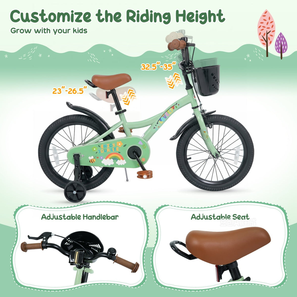 Green girls' kids bike with 12-inch wheels, training wheels, and front basket, perfect for young children learning to ride.