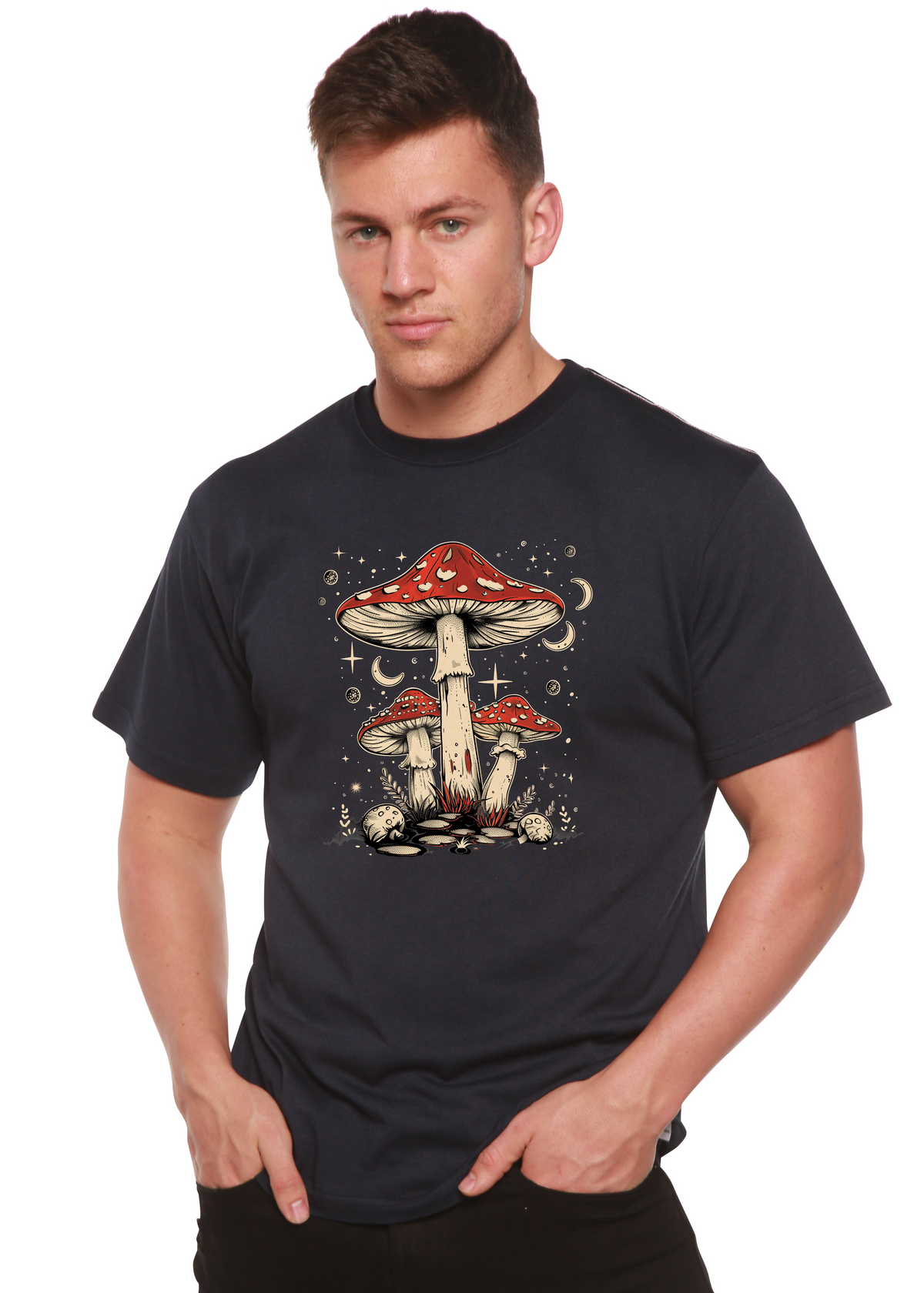 Men's Boho Retro Hippie Mushrooms graphic T-shirt by Spun Bamboo, featuring natural bamboo and cotton fabric with colorful mushroom print.