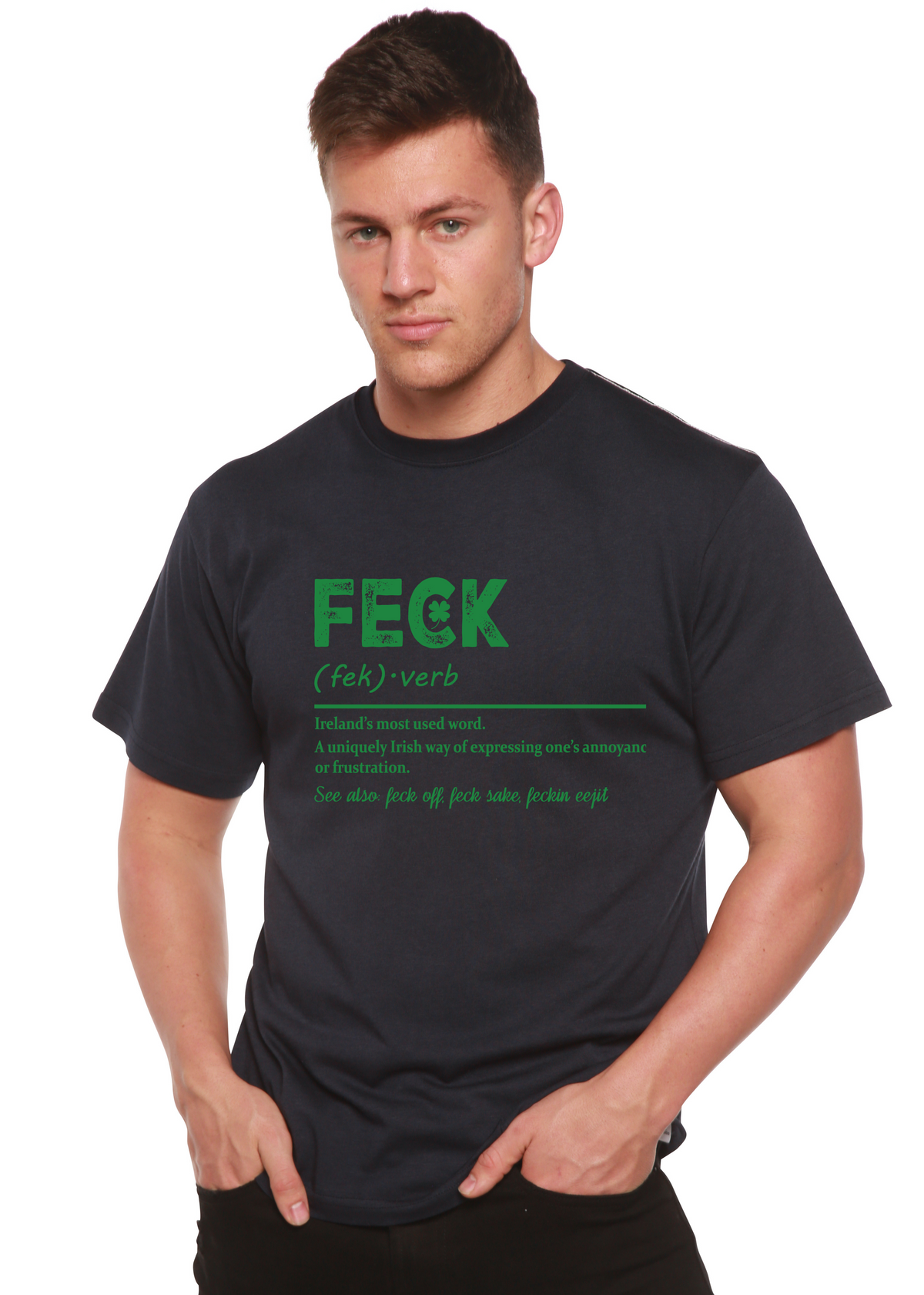 Men's Feck Irish St. Patrick's Day graphic T-shirt by Spun Bamboo, unisex bamboo and cotton blend with festive print.