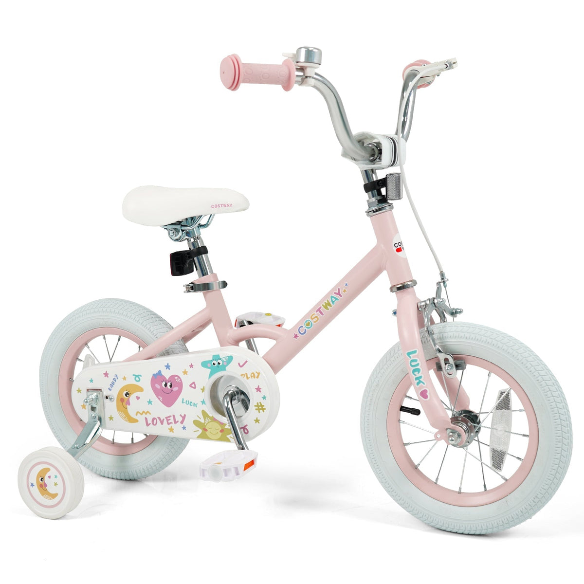 Pink kids bike with stars and moon design, 12-inch with training wheels, suitable for children ages 12 to 18 inches.