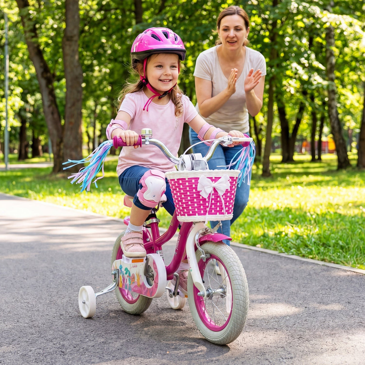 Pink 18-inch kids bike with training wheels and front basket, designed for children, by GBruno Store.
