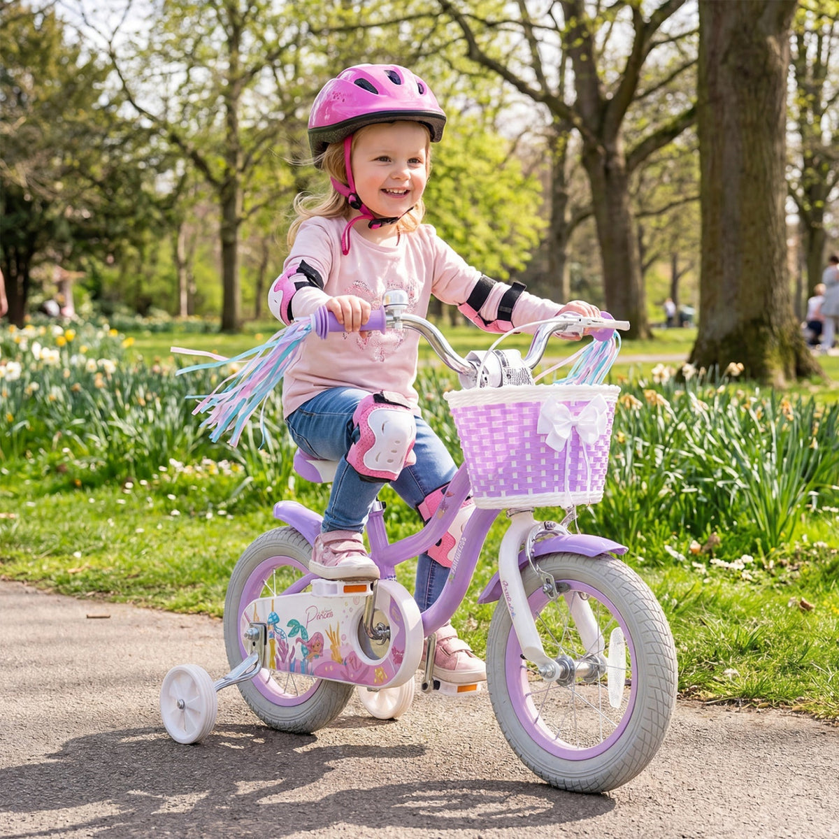 Purple kids bike from GBruno Store with 12-inch wheels, training wheels, and a front basket for young children.